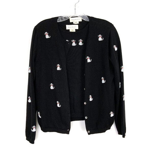 Susan Bristol Black Sweater & Cardigan Hand Beaded Cats Sz MP - Picture 1 of 16